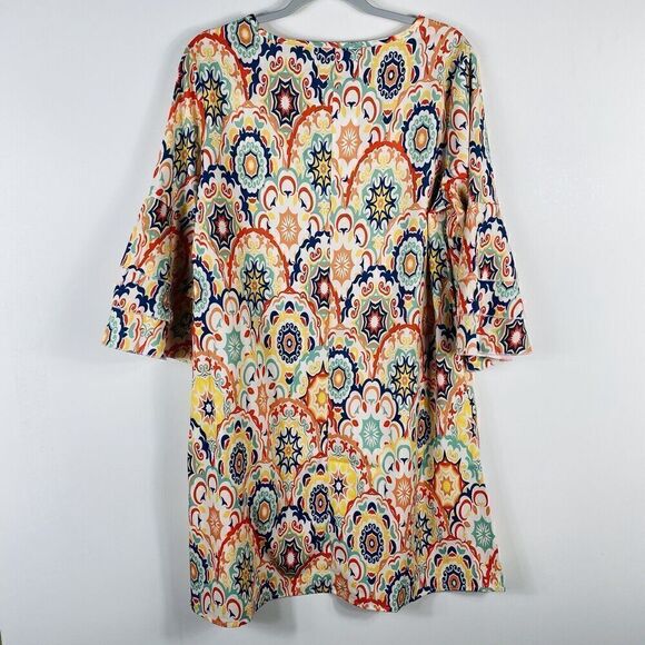 Noracora Sz Medium Printed Tiered Sleeve V-Neck Shift Dress Colorful Boho Hippie - Picture 2 of 5